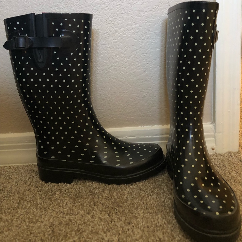 Black and White polka dot rain boots